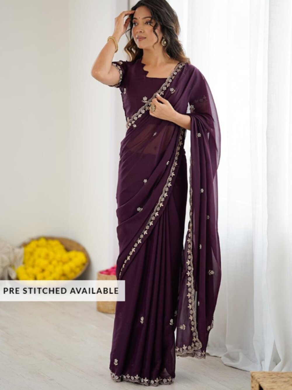 Wine Embroidery Silk Saree Set